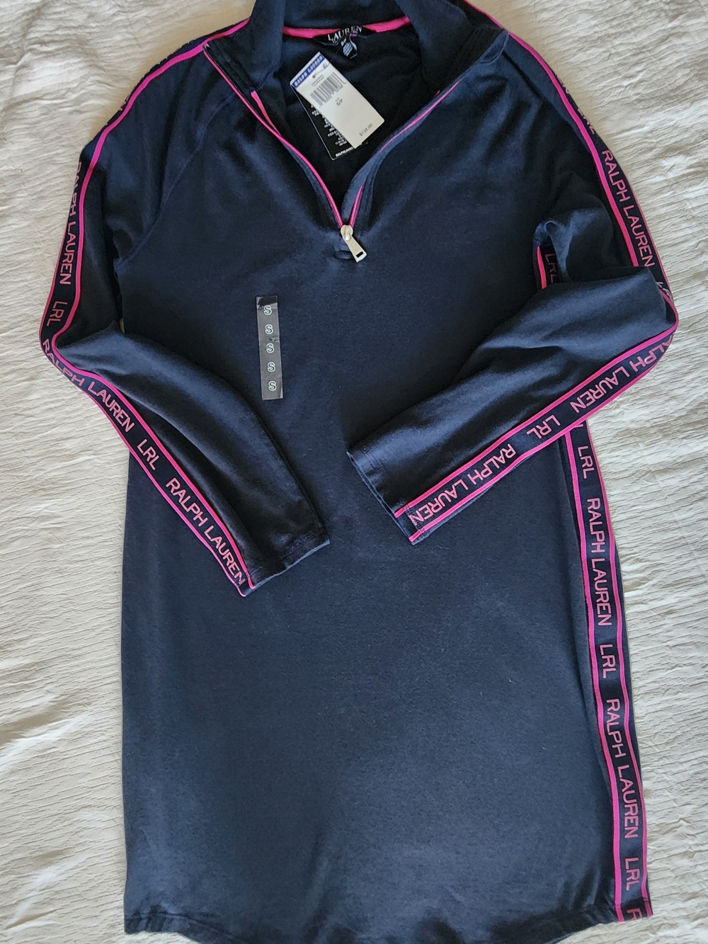 NWT Lauren Ralph Lauren LRL Logo Tape Terry Dress Quarter Zip Navy Pink